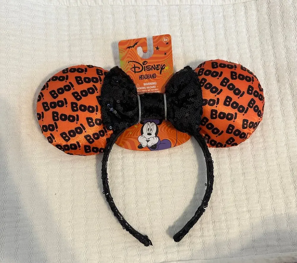 NWT Disney Minnie Mouse Boo! Halloween Orange Black Sequin Glow-in-the-Dark Ears